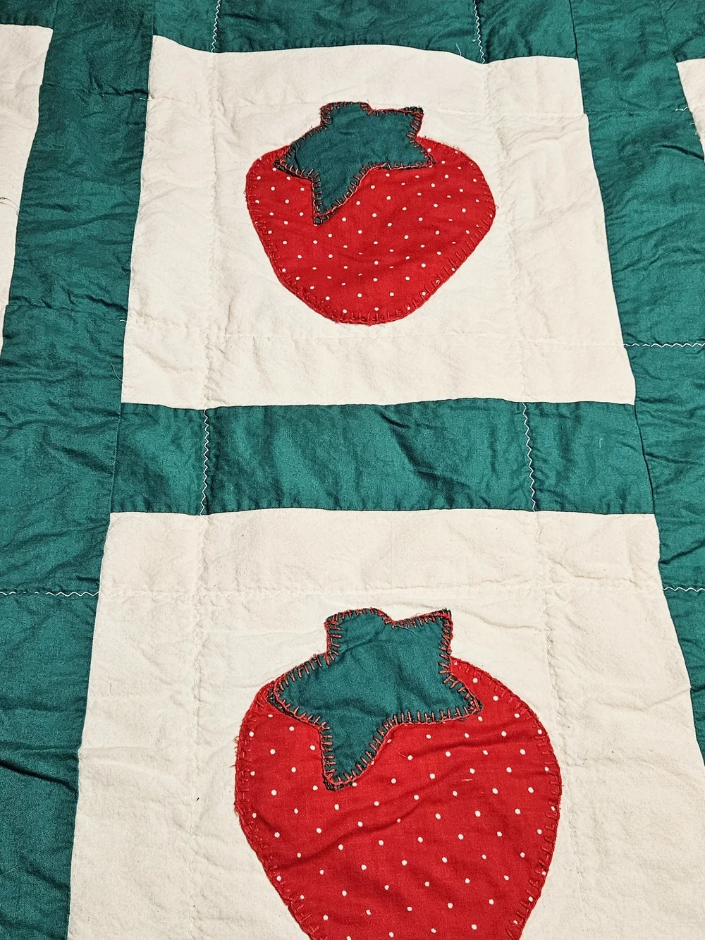 Handmade Strawberry Patch Quilt - Red & Teal Bedding